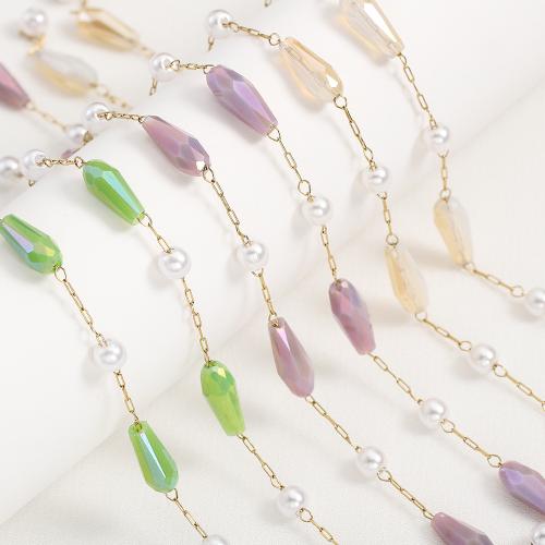 Chaîne de perles de pierre gemme, Acier inoxydable 304, avec verre & perle de plastique, Placage de couleur d'or, DIY, plus de couleurs à choisir, Vendu par m