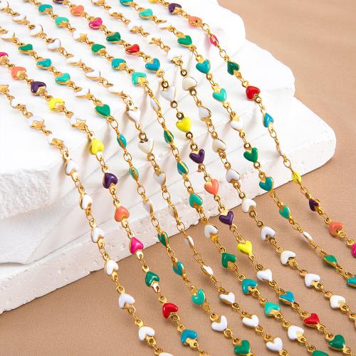 Decorative Beaded Chain, 304 Stainless Steel, Heart, gold color plated, DIY & enamel, multi-colored, Sold By m