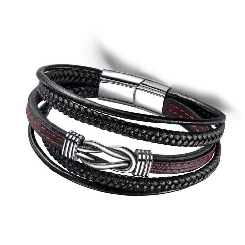 PU Leather Cord Bracelets, 304 Stainless Steel, with PU Leather, polished, multilayer & different length for choice & for man, original color, Sold By PC