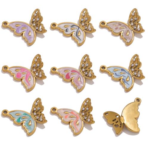 Acier inoxydable animaux Pendentifs, Acier inoxydable 304, avec perle de plastique, papillon, Placage de couleur d'or, DIY & émail & avec strass & creux, plus de couleurs à choisir, Vendu par PC