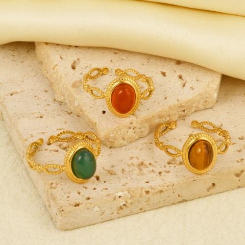 Natural Gemstone Finger Ring, 304 Stainless Steel, with Gemstone, gold color plated, Adjustable & for woman, more colors for choice, Sold By PC