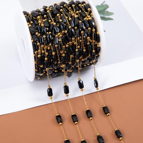 Decorative Beaded Chain, 304 Stainless Steel, with Glass, gold color plated, DIY, black, 1m/Bag, Sold By Bag