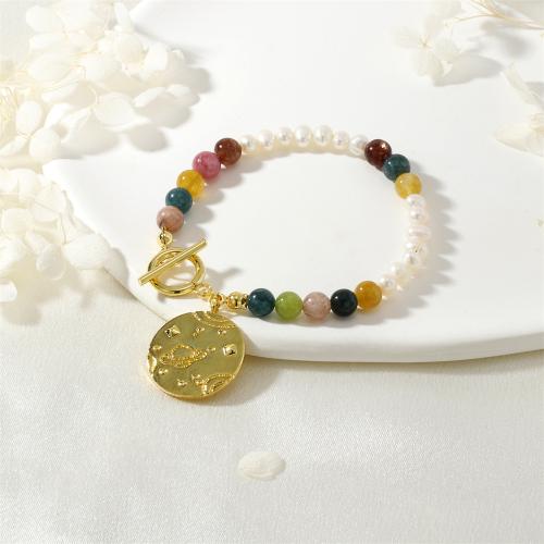 Gemstone Bracelets, Brass, with Gemstone Chips & Freshwater Pearl, gold color plated, for woman, mixed colors, nickel, lead & cadmium free, Sold By PC