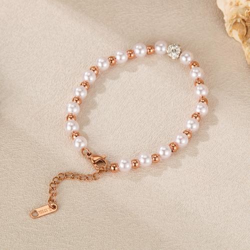 Stainless Steel Jewelry Bracelet, 304 Stainless Steel, with Plastic Pearl, plated, fashion jewelry & micro pave cubic zirconia & for woman, more colors for choice, Sold By PC