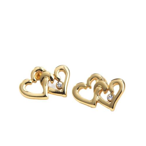 Stainless Steel Stud Earrings, 304 Stainless Steel, Heart, 18K gold plated, for woman & with rhinestone & hollow, 25x19mm, Sold By PC