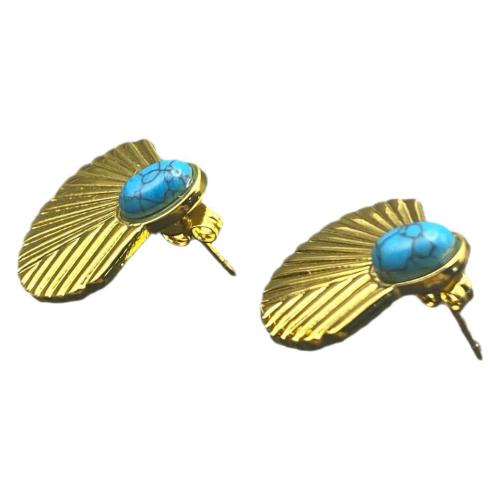 Boucle d'oreille de gaujon en acier inoxydable, Acier inoxydable 304, avec turquoise synthétique, Plaqué or 18K, bijoux de mode & pour femme, Vendu par PC