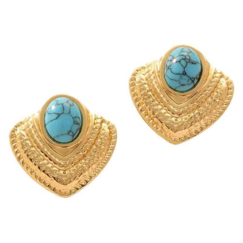 Boucle d'oreille de gaujon en acier inoxydable, Acier inoxydable 304, avec turquoise synthétique, Placage, bijoux de mode & pour femme, doré, 23x23mm, Vendu par PC