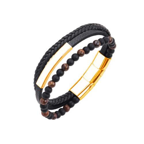 Tiger Eye Bracelet, with PU Leather & Black Stone & 304 Stainless Steel, handmade, multilayer & Unisex, more colors for choice, Length:Approx 7-9 Inch, Sold By PC