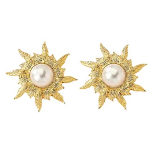 Pendientes de Acero Inoxidable, acero inoxidable 304, con Perlas plásticas, Flor, 18K chapado en oro, Joyería & para mujer, Vendido por Par