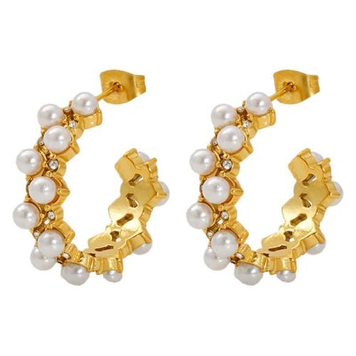 Stainless Steel Stud Earrings, 304 Stainless Steel, with Plastic Pearl, 18K gold plated, fashion jewelry & for woman & with rhinestone, Sold By Pair