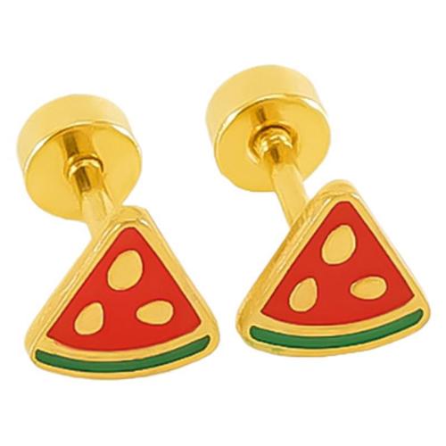 Stainless Steel Stud Earrings, 304 Stainless Steel, Watermelon, 18K gold plated, fashion jewelry & for woman & enamel, Sold By Pair