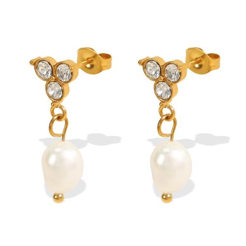 Freshwater Pearl Earrings, 304 Stainless Steel, with Freshwater Pearl, plated, fashion jewelry & for woman & with rhinestone, more colors for choice, Sold By Pair