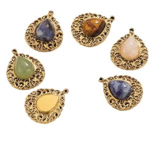 Gemstone Pendants Jewelry, 304 Stainless Steel, with Gemstone, Teardrop, Vacuum Ion Plating, DIY, more colors for choice, 16x20mm, Hole:Approx 1.5mm, Sold By PC