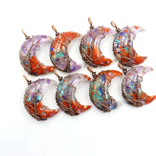 Gemstone Pendants Jewelry, Tibetan Style, with Gemstone & Resin, Moon, gold color plated, DIY, multi-colored, nickel, lead & cadmium free, 35x45x10mm, Sold By PC