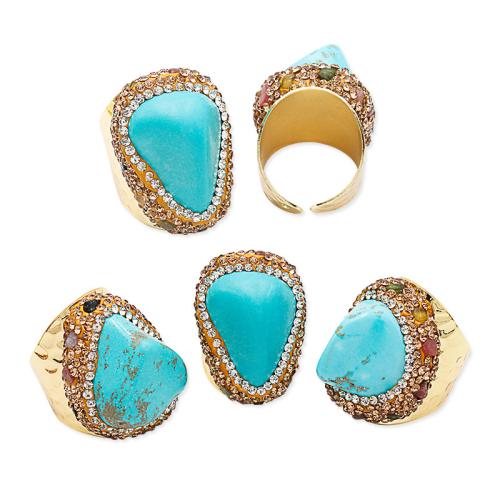 Bague turquoise, laiton, avec turquoise, Placage de couleur d'or, pour femme & avec strass, protéger l'environnement, sans nickel, plomb et cadmium, inner diameter:17~20mm, Vendu par PC