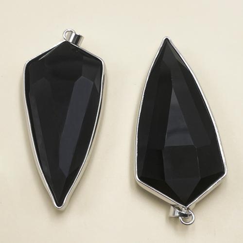 Pendentif obsidienne noire, Placage de couleur argentée, DIY, noire, protéger l'environnement, sans nickel, plomb et cadmium, 25x55mm, Vendu par PC