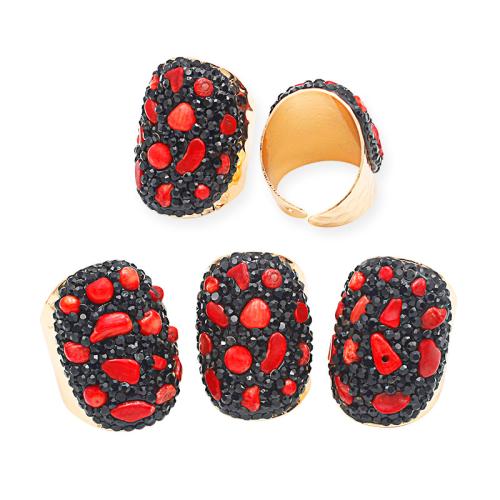 Brass Cuff Finger Ring, with Coral, gold color plated, for woman & with rhinestone, black, nickel, lead & cadmium free, inner diameter:17~20mm, Sold By PC