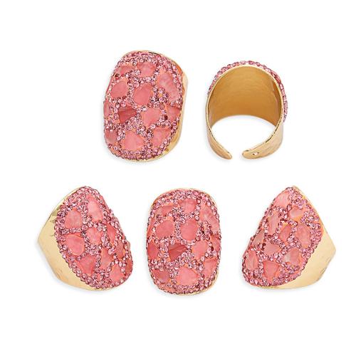 Natural Bague Quartz, laiton, avec quartz rose, Placage de couleur d'or, pour femme & avec strass, rose, protéger l'environnement, sans nickel, plomb et cadmium, inner diameter:17~20mm, Vendu par PC