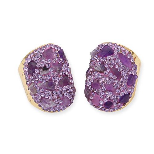 Natural Bague Quartz, laiton, avec améthyste, Placage de couleur d'or, pour femme & avec strass, violet, protéger l'environnement, sans nickel, plomb et cadmium, inner diameter:17~20mm, Vendu par PC