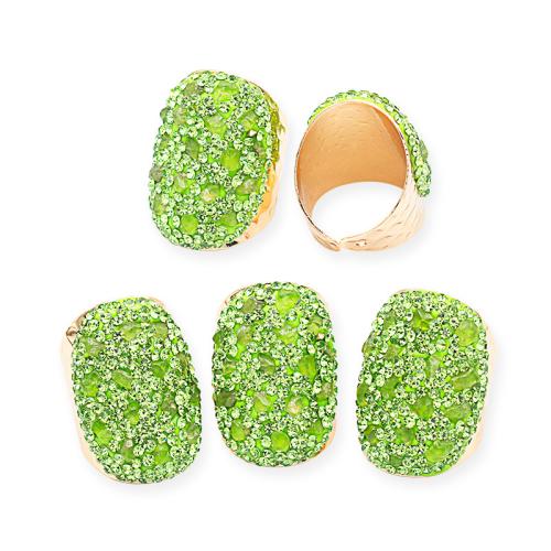 Brass Cuff Finger Ring, with Peridot Stone, gold color plated, for woman & with rhinestone, green, nickel, lead & cadmium free, inner diameter:17~20mm, Sold By PC