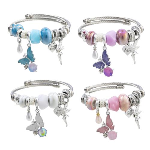 304 Stainless Steel European Cuff Bangle, with Crystal & Plastic Pearl & Tibetan Style, plated, for woman & enamel & with rhinestone, more colors for choice, Diameter :5.5cm., Sold By PC