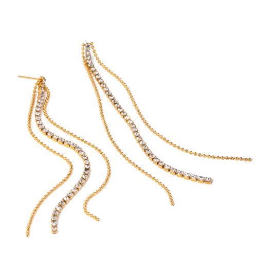 Fashion Fringe Earrings, 304 Stainless Steel, Vacuum Ion Plating, fashion jewelry & for woman & with rhinestone, golden, Sold By Pair