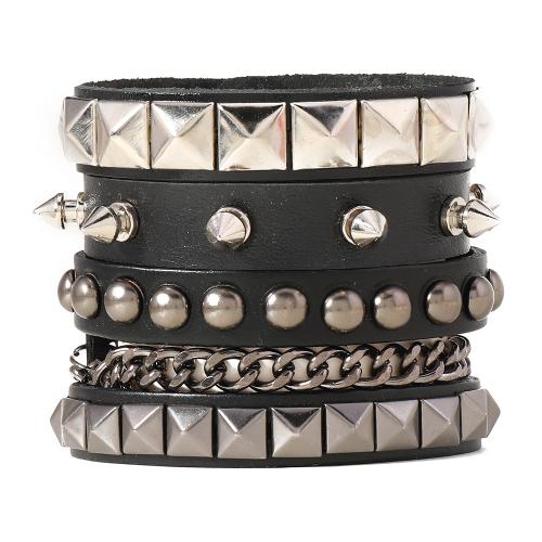 Bracelets cordon PU, cuir de peau de vache, avec cuir PU & fer & alliage de zinc, fait à la main, trois pièces & bijoux de mode & pour homme, noire, Vendu par fixé