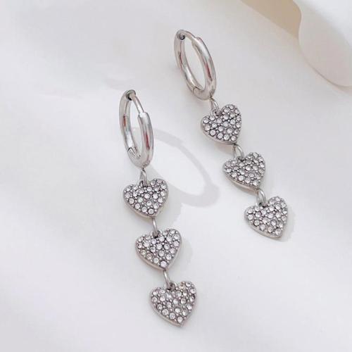 Stainless Steel Drop Earring, 304 Stainless Steel, Vacuum Ion Plating, for woman & with rhinestone, Sold By Pair