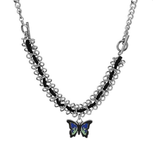 304 Stainless Steel Necklace, with PU Leather & Tibetan Style, Butterfly, for woman & enamel, Length:Approx 19.7 Inch, Sold By PC