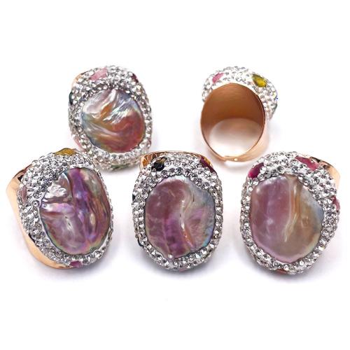 Anillos de Perlas de Freshwater, metal, con Perlas cultivadas de agua dulce, chapado en color dorado, Ajustable & para mujer & con diamantes de imitación, libre de níquel, plomo & cadmio, inner diameter:17~20mm, Vendido por UD