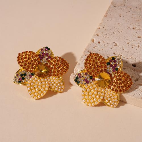 Tibetan Style Stud Earring, with Plastic Pearl, Flower, gold color plated, fashion jewelry & with rhinestone, golden, nickel, lead & cadmium free, 35x40mm, Sold By Pair