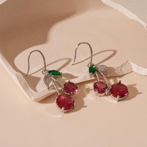 Cubic Zirconia Micro Pave Brass Earring, Cherry, silver color plated, fashion jewelry & micro pave cubic zirconia, silver color, nickel, lead & cadmium free, 45x45mm, Sold By Pair