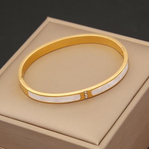 Brazalete del acero inoxidable, acero inoxidable 304, chapado, diferentes estilos para la opción & micro arcilla de zirconia cúbica & para mujer, dorado, 60x50mm, Vendido por UD