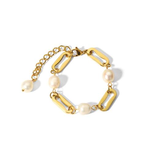 Pulseras de Perlas Freshwater, Partículas de acero, con Perlas cultivadas de agua dulce, 18K chapado en oro, diferentes estilos para la opción & para mujer & hueco, Vendido por UD