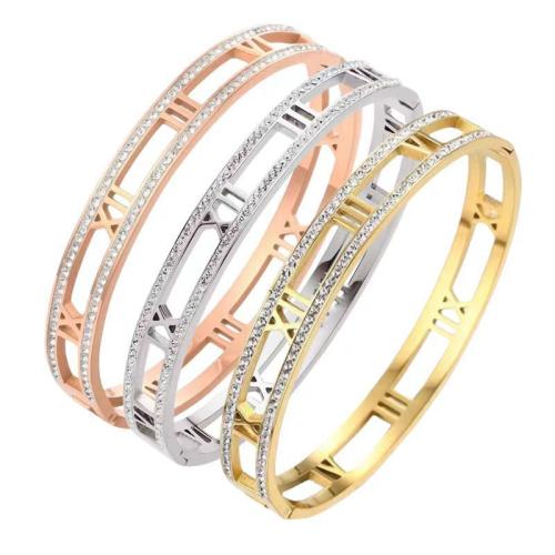 Titanium Steel Bangle, plated, with roman number & for woman & with rhinestone, more colors for choice, Inner Diameter:Approx 60mm, Sold By PC