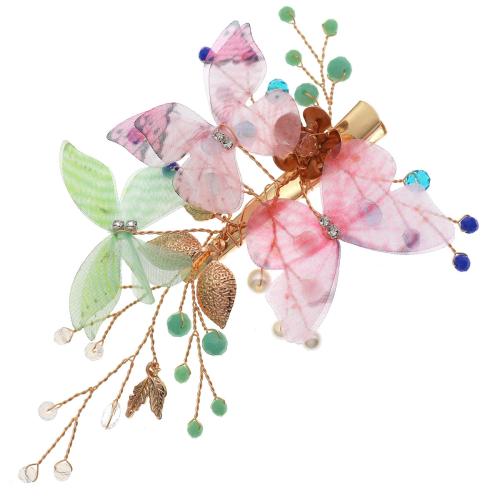 Pinces bec, alliage de zinc, avec fil en laiton & strass & perle de plastique & Acrylique, papillon, Placage de couleur d'or, bijoux de mode & pour femme, multicolore, 120x85mm, Vendu par PC