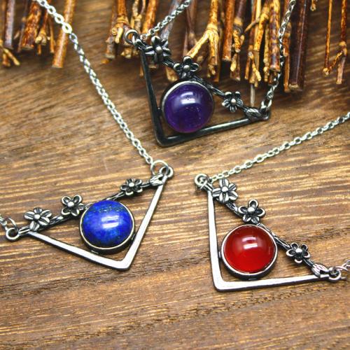 Natural Gemstone Necklace, Tibetan Style, with Natural Stone, Triangle, plated, different materials for choice & for woman, more colors for choice, nickel, lead & cadmium free, 38x20x6mm, Sold By PC