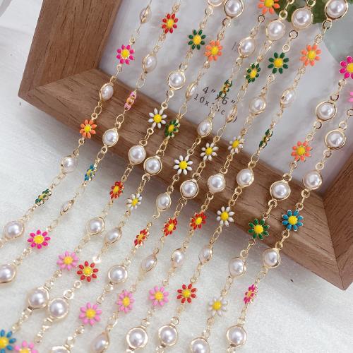 Decorative Beaded Chain, Brass, with Plastic Pearl, Flower, gold color plated, DIY & enamel, mixed colors, nickel, lead & cadmium free, 10m/Bag, Sold By Bag