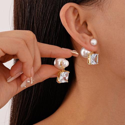 Cubic Zirconia Micro Pave Brass Earring, with Plastic Pearl, gold color plated, fashion jewelry & micro pave cubic zirconia, golden, nickel, lead & cadmium free, 30x15mm, Sold By Pair