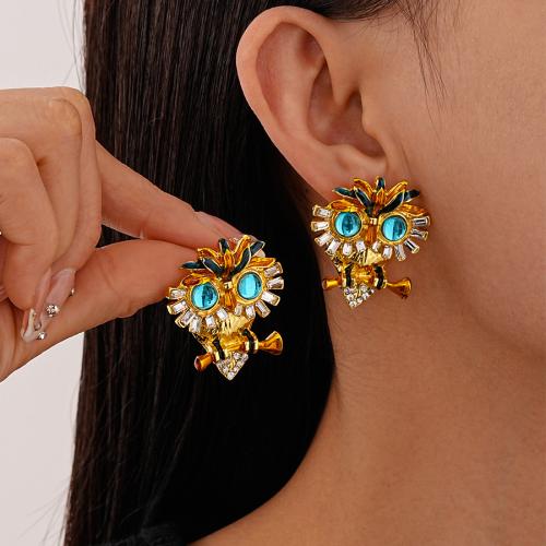 Tibetan Style Stud Earring, Owl, gold color plated, fashion jewelry & with rhinestone, golden, nickel, lead & cadmium free, 36x30mm, Sold By Pair