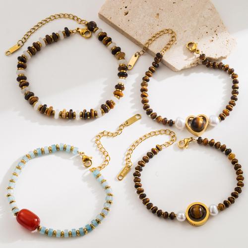 Gemstone Bracelets, 304 Stainless Steel, with Gemstone & Plastic Pearl, with 5cm extender chain, gold color plated, fashion jewelry & different designs for choice, more colors for choice, Length:15 cm, Sold By PC