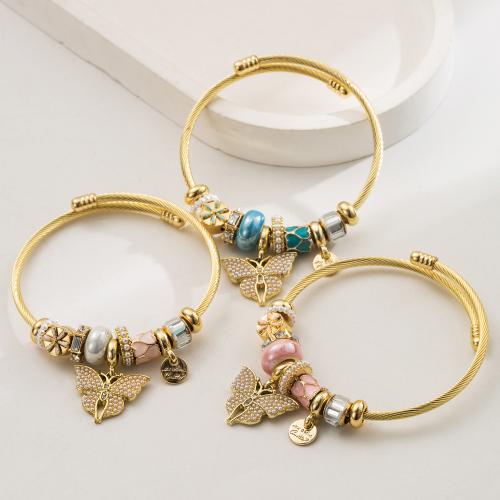 European Bracelet, 304 Stainless Steel, with Plastic Pearl & Tibetan Style, gold color plated, fashion jewelry & enamel & with rhinestone, more colors for choice, Sold By PC