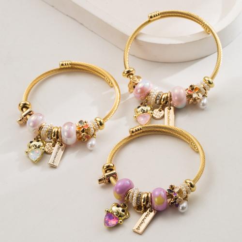 Pulseras Estilo Europeo, aleación de zinc, con acero inoxidable 304, chapado en color dorado, Joyería & esmalte & con diamantes de imitación, más colores para la opción, libre de níquel, plomo & cadmio, Vendido por UD