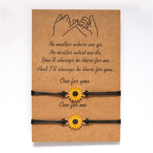 Tibetan Style Bracelet Set, with Wax Cord, Sunflower, gold color plated, 2 pieces & for woman & enamel, Length:Approx 6.3-11.8 Inch, Sold By Set