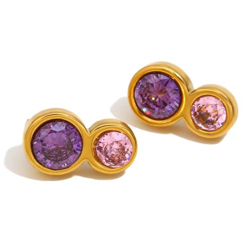 Stainless Steel Stud Earrings, 304 Stainless Steel, with Cubic Zirconia, Number 8, Vacuum Ion Plating, fashion jewelry & for woman, purple, 11x19.30mm, Sold By Pair