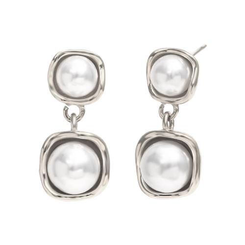 Stainless Steel Drop Earring, 304 Stainless Steel, with Plastic Pearl, Vacuum Ion Plating, fashion jewelry & for woman, more colors for choice, 13.40x28.10mm, Sold By Pair