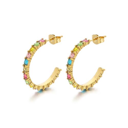 Boucle d'oreille de gaujon en acier inoxydable, Acier inoxydable 304, Lettre C, bijoux de mode & pour femme & avec strass, plus de couleurs à choisir, 23x3mm, Vendu par paire