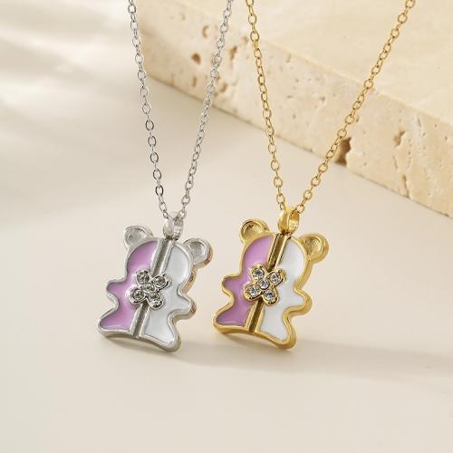 Titanium Steel Necklace, Bear, plated, for woman & enamel & with rhinestone, more colors for choice, Length:45 cm, Sold By PC