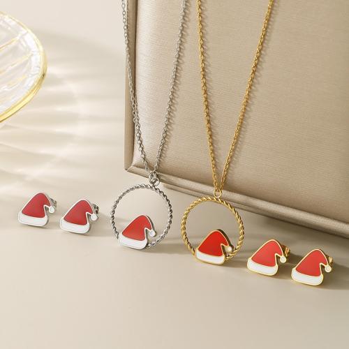 Enamel Stainless Steel Jewelry Set, Stud Earring & necklace, 304 Stainless Steel, Christmas Hat, plated, 2 pieces & different styles for choice & for woman, more colors for choice, Sold By PC