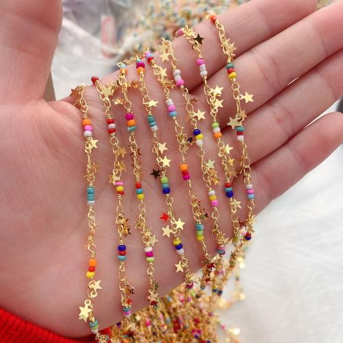 Decorative Beaded Chain, Brass, with Seedbead, Star, gold color plated, DIY, mixed colors, nickel, lead & cadmium free, 10m/Bag, Sold By Bag